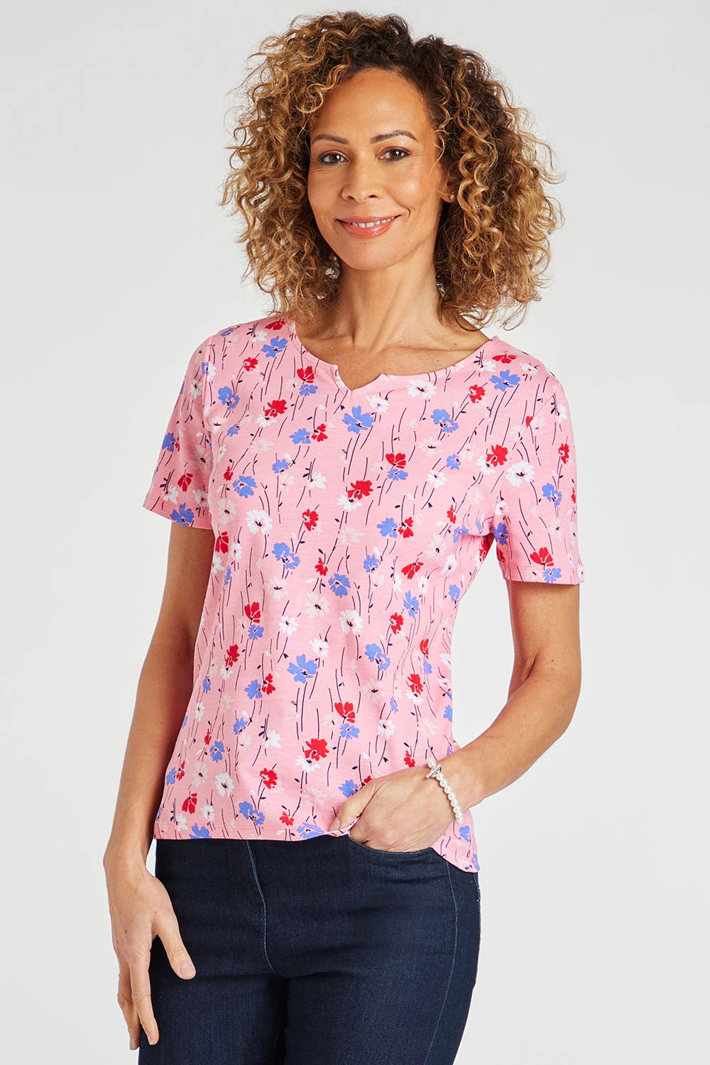 Short Sleeve Multi Ditsy Print Top With Notch Neckline 3 Short Sleeve Multi Ditsy Print Top With Notch Neckline