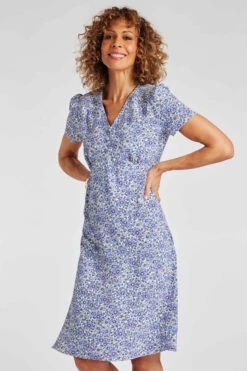 Daisy Print Tea Dress With Shirred Shoulder Detail