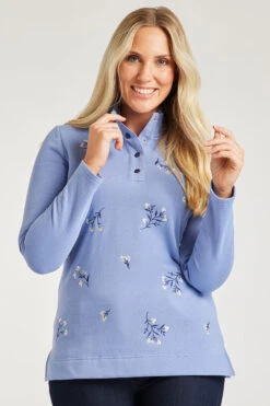 Long Sleeve Embroidered Floral Funnel Neck Sweatshirt