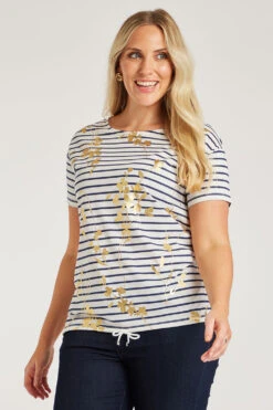 Short Sleeve Foil Floral Striped Drawstring Hem Top