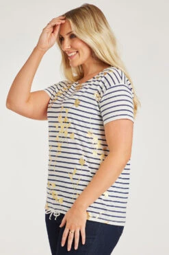 Short Sleeve Foil Floral Striped Drawstring Hem Top -Mod Vanta Sales Store 900313244 alt3