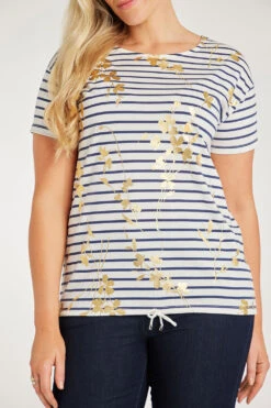 Short Sleeve Foil Floral Striped Drawstring Hem Top -Mod Vanta Sales Store 900313244 alt5