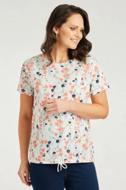 Short Sleeve Floral Drawstring Hem Top
