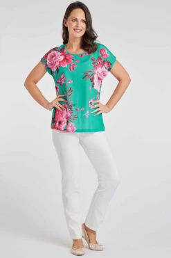 Short Sleeve Large Rose Print Woven Top -Mod Vanta Sales Store 900314131 alt1