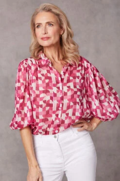 Geo Tile Balloon Sleeve Drop Hem Blouse -Mod Vanta Sales Store 9003152 2