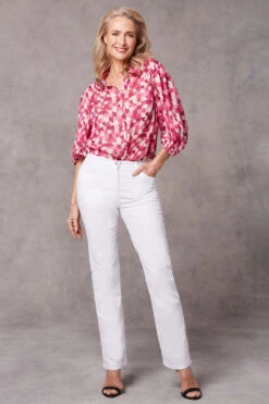 Geo Tile Balloon Sleeve Drop Hem Blouse -Mod Vanta Sales Store 9003152