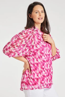 Geo Tile Balloon Sleeve Drop Hem Blouse -Mod Vanta Sales Store 900315263 alt4