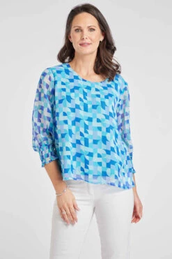 3/4 Sleeve Geo Tile Print Blouse