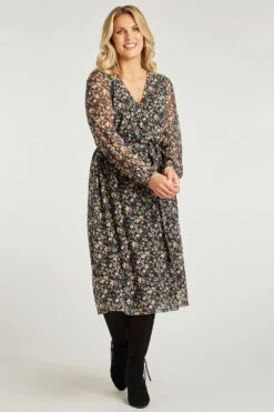 3/4 Sleeve Ditsy Printed Mesh Belted Wrap Dress
