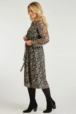 3/4 Sleeve Ditsy Printed Mesh Belted Wrap Dress -Mod Vanta Sales Store 900316307 alt3