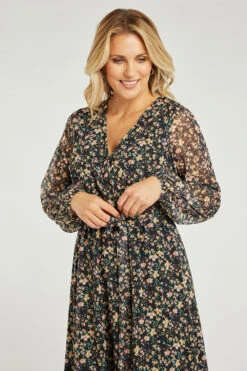 3/4 Sleeve Ditsy Printed Mesh Belted Wrap Dress -Mod Vanta Sales Store 900316307 alt5