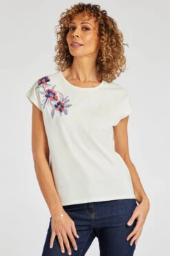 Short Sleeve Embroidered Floral Shoulder Detail Top