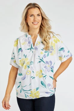 Short Sleeve V Neck Inverted Pleat Floral Print Linen Top