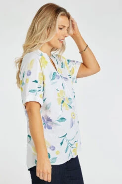 Short Sleeve V Neck Inverted Pleat Floral Print Linen Top -Mod Vanta Sales Store 900335093 alt3