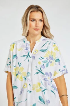 Short Sleeve V Neck Inverted Pleat Floral Print Linen Top -Mod Vanta Sales Store 900335093 alt5