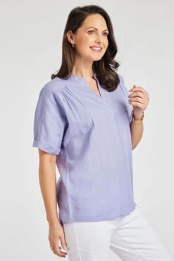 Short Sleeve V-Neck Inverted Pleated Linen Top -Mod Vanta Sales Store 900335126 alt3