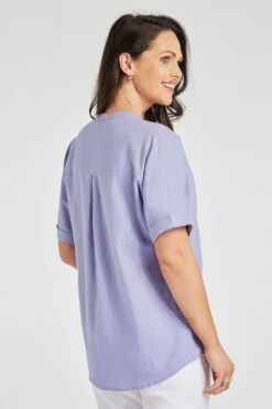 Short Sleeve V-Neck Inverted Pleated Linen Top -Mod Vanta Sales Store 900335126 alt4
