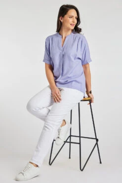 Short Sleeve V-Neck Inverted Pleated Linen Top -Mod Vanta Sales Store 900335126 alt6
