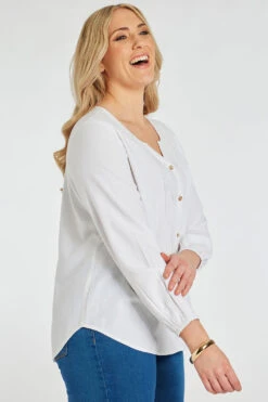 Long Sleeve Button Through Plain Linen Top -Mod Vanta Sales Store 900335493 alt3