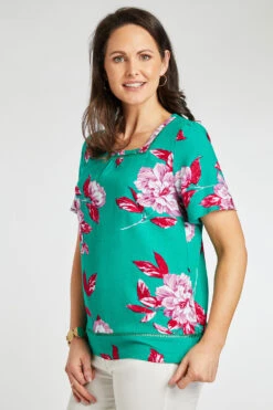 Short Sleeve Square Neck Floral Print Linen Top -Mod Vanta Sales Store 900336031 alt3