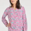 Long Sleeve Half Placket Ditsy Print Linen Overhead Shirt