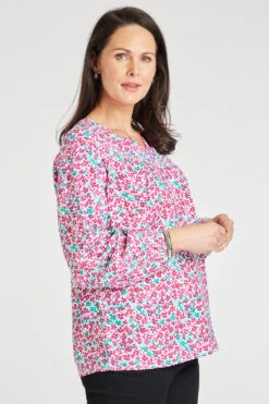 Long Sleeve Half Placket Ditsy Print Linen Overhead Shirt -Mod Vanta Sales Store 9003364PINKGREEN alt4