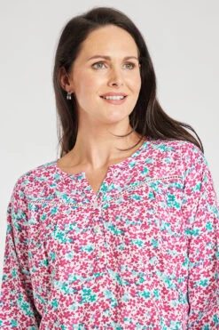 Long Sleeve Half Placket Ditsy Print Linen Overhead Shirt -Mod Vanta Sales Store 9003364PINKGREEN alt6