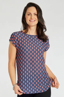 Short Sleeve Tile Print Woven Front Tunic