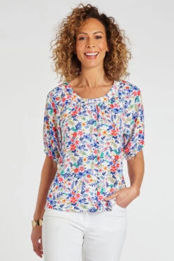 Short Frill Sleeve Button Through Ditsy Blouse