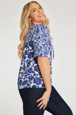 Short Sleeve Mixed Floral Print Blouse With Tie Neck Detail -Mod Vanta Sales Store 900345409 alt5