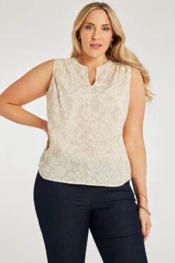 Sleeveless Folk Floral Top With Notch Neckline