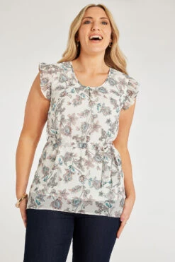 Sleeveless Folk Floral Longline Top With Tie Waist