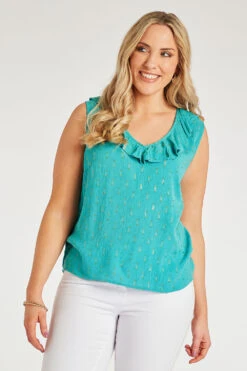 Sleeveless V-Neck Lurex Dobby Top With Ruffle Detail