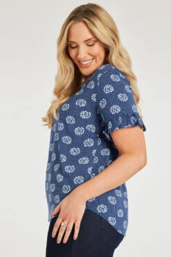 Short Frill Sleeve Leaf Tile Print V-Neck Top -Mod Vanta Sales Store 900346653 alt3