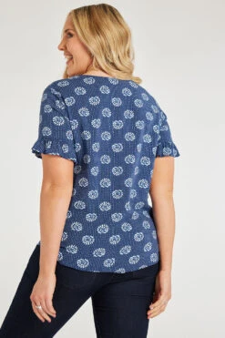 Short Frill Sleeve Leaf Tile Print V-Neck Top -Mod Vanta Sales Store 900346653 alt4