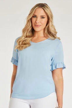 Short Frill Sleeve Plain V-Neck Top
