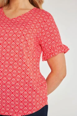 Short Frill Sleeve Chain Geo Print V-Neck Top -Mod Vanta Sales Store 900346869 alt5