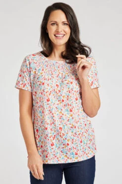 Short Sleeve Ditsy Print T-Shirt With Shirred Neckline