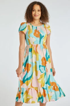 Short Sleeve Modern Floral Shirred Bodice Dress -Mod Vanta Sales Store 900350757 alt1