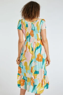 Short Sleeve Modern Floral Shirred Bodice Dress -Mod Vanta Sales Store 900350757 alt4