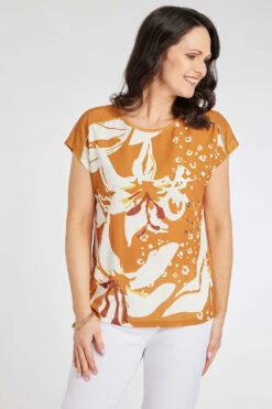 Short Sleeve Large Floral Woven Top With Foil Detail