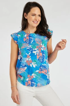 Sleeveless Tropical Print Vest With Frill Detail