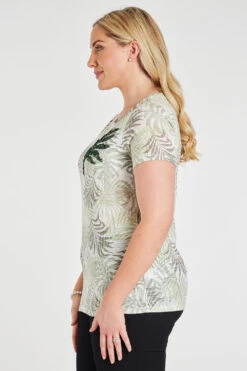 Short Sleeve Leaf Print Burnout T-Shirt With Sequin Detail -Mod Vanta Sales Store 900359539 alt3