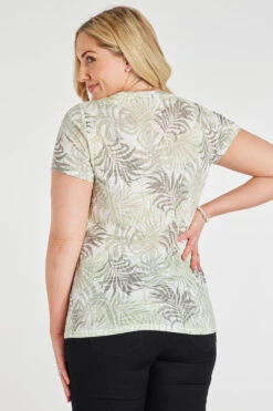 Short Sleeve Leaf Print Burnout T-Shirt With Sequin Detail -Mod Vanta Sales Store 900359539 alt4