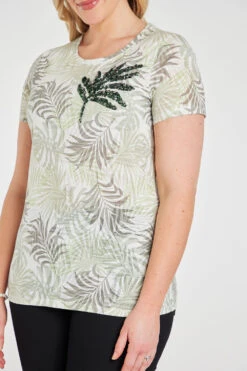 Short Sleeve Leaf Print Burnout T-Shirt With Sequin Detail -Mod Vanta Sales Store 900359539 alt5