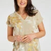 Short Sleeve Floral Linen Look T-Shirt With Notch Neckline -Mod Vanta Sales Store 900359981 alt1