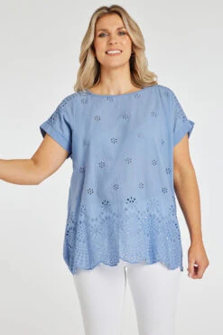 Short Sleeve Broderie Front Detail Top