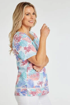 Short Sleeve Square Neck Tropical Leaf Linen Top -Mod Vanta Sales Store 900363851 alt3