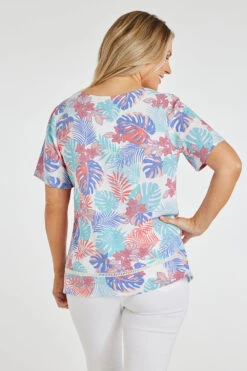 Short Sleeve Square Neck Tropical Leaf Linen Top -Mod Vanta Sales Store 900363851 alt4