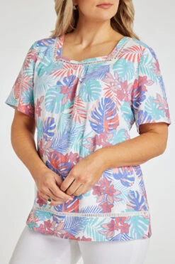 Short Sleeve Square Neck Tropical Leaf Linen Top -Mod Vanta Sales Store 900363851 alt5